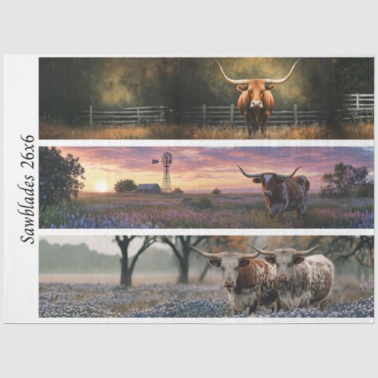 Decoupage Longhorn Wester Papers Zaagbladen Tissuepapier (Voorkant)