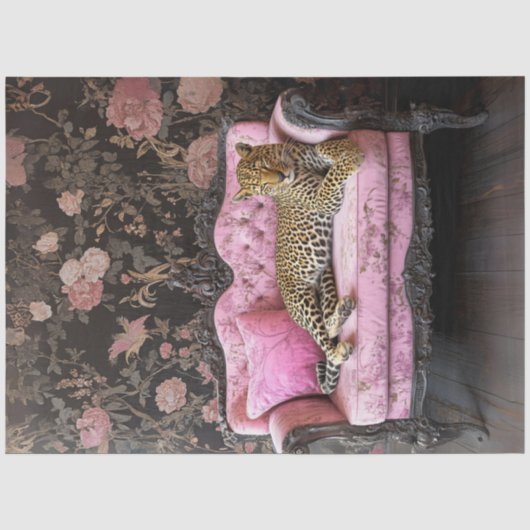 Decoupage Luipaard Op Roze Fluwelen Franse Bank Tissuepapier (Voorkant)