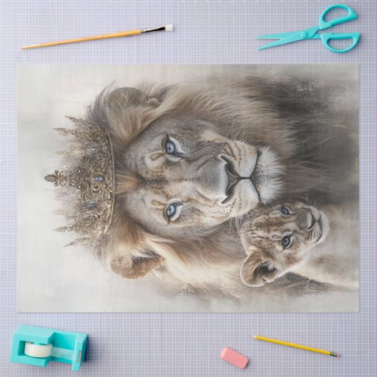 Decoupage Majestic Lion & Cub  Crown Tissuepapier (Craft)