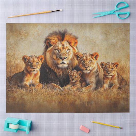 Decoupage Majestic Lion Lioness & 3 Cubs Tissuepapier (Craft)