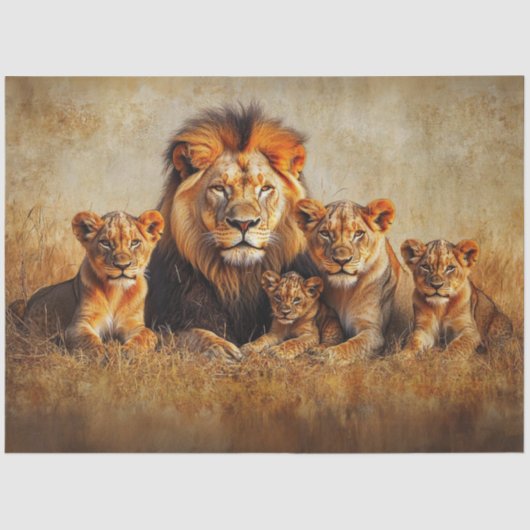 Decoupage Majestic Lion Lioness & 3 Cubs Tissuepapier (Voorkant)