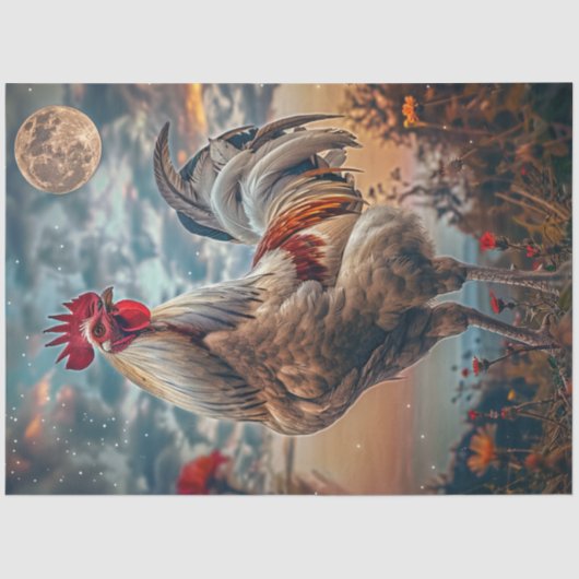 Decoupage Majestic Rooster Vibrant Night Sky Moon Tissuepapier (Voorkant)