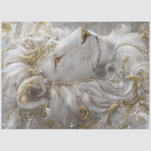 Decoupage Majestic Witte Leeuw Goud & Zilver Tissuepapier (Voorkant)
