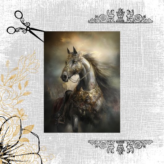 Decoupage Majestic Zwart Paard Gouden Armor Crest Tissuepapier
