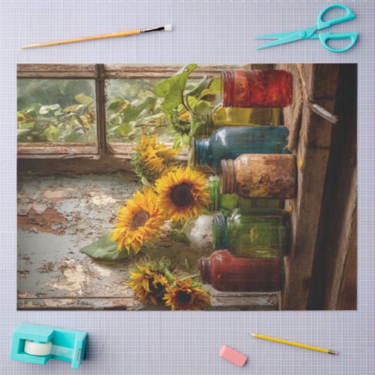 Decoupage Mason Jars Window Seal Flowers Tissuepapier (Craft)