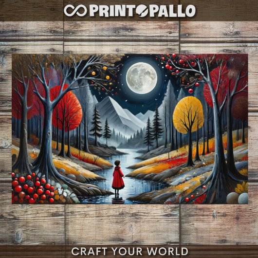 Decoupage - Meisje in rood en herfst maanlandschap Tissuepapier