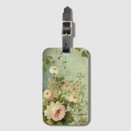 Decoupage met vintage bloemmotieven en groen bagagelabel