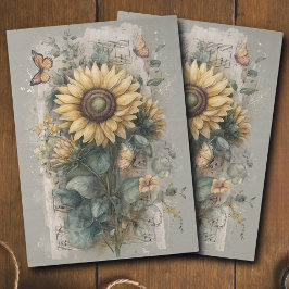 Decoupage met vintage zonnebloem en muziek ephemer tissuepapier