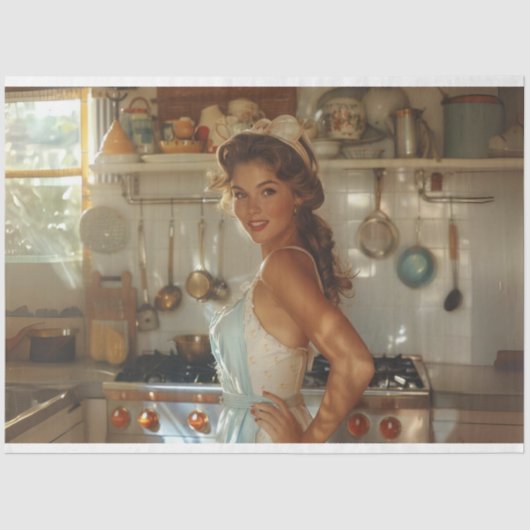 Decoupage Mid-Century Nostalgische vrouw in de keu Tissuepapier (Voorkant)