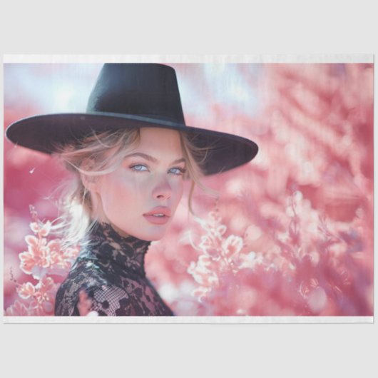 Decoupage Mooie Dame Zwart Rijden Pet Tissuepapier (Voorkant)