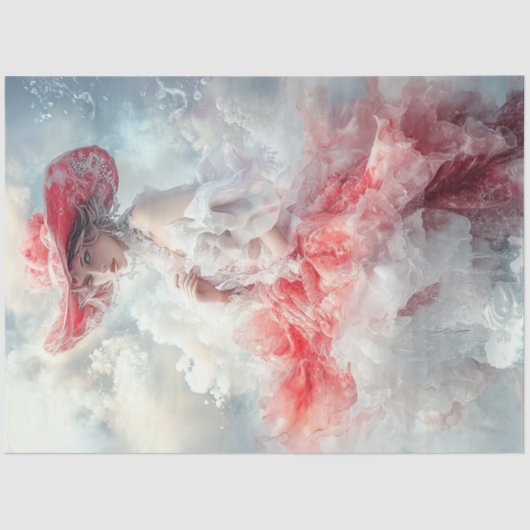 Decoupage Mooie Vrouw Rood Wit Cloud Jurk Tissuepapier (Voorkant)