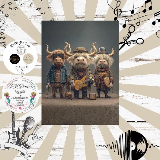 Decoupage Musical Cow Trio Fur Feathers Funk Band Tissuepapier