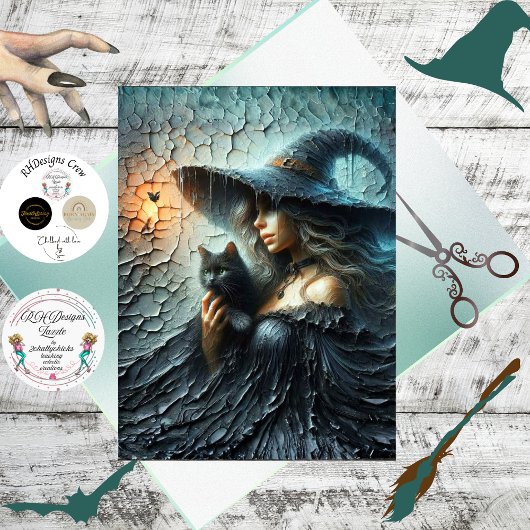 Decoupage Mystical Witch Crackled Background  Tissuepapier