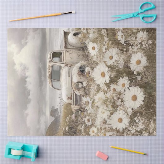 Decoupage Nostalgic White Truck Field Daisies Tissuepapier (Craft)