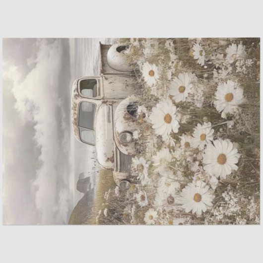 Decoupage Nostalgic White Truck Field Daisies Tissuepapier (Voorkant)
