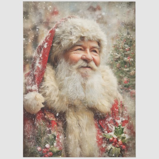 Decoupage Painterly Santa Claus Snowy Tree Artwork Tissuepapier (Voorkant)