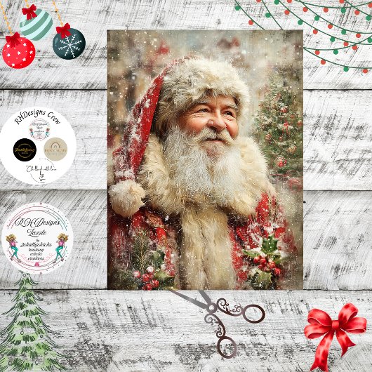 Decoupage Painterly Santa Claus Snowy Tree Artwork Tissuepapier