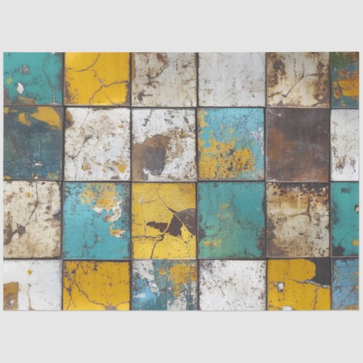 Decoupage Patchwork Blauw Bruin Geel Achtergrond Tissuepapier (Voorkant)