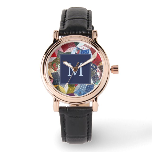Decoupage Patchwork Sterren Patroon Monogram Horloge (Voorkant)