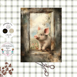 Decoupage Piglet in Rustic Window Story Book  Tissuepapier