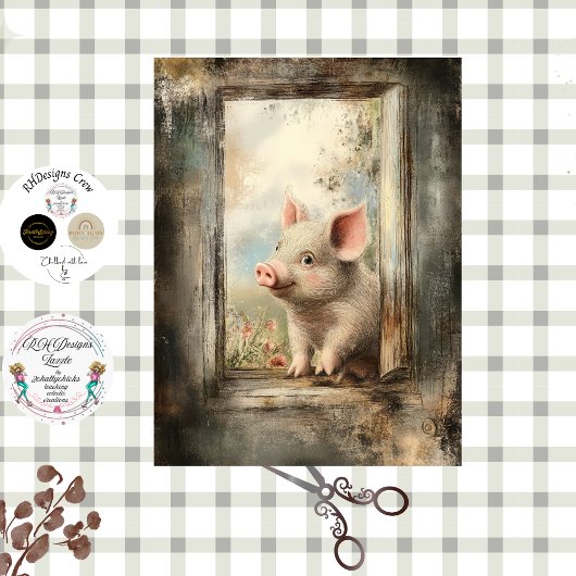 Decoupage Piglet in Rustic Window Story Book  Tissuepapier