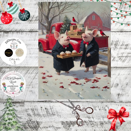 Decoupage Piglets Celebrating Christmas on Farm Tissuepapier