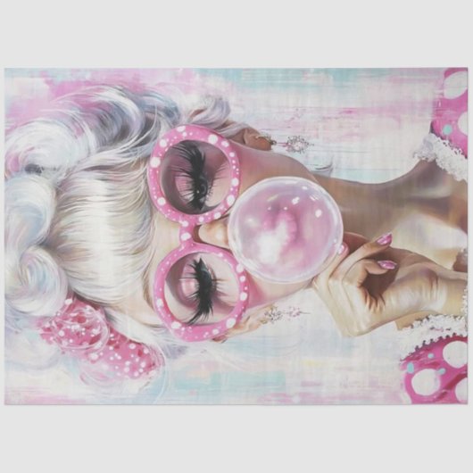 Decoupage Pop Art Mode Meisje Hot Pink Bubble Gum Tissuepapier (Voorkant)