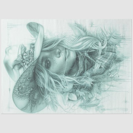 Decoupage Portrait Design Monochromatische Cowgirl Tissuepapier (Voorkant)