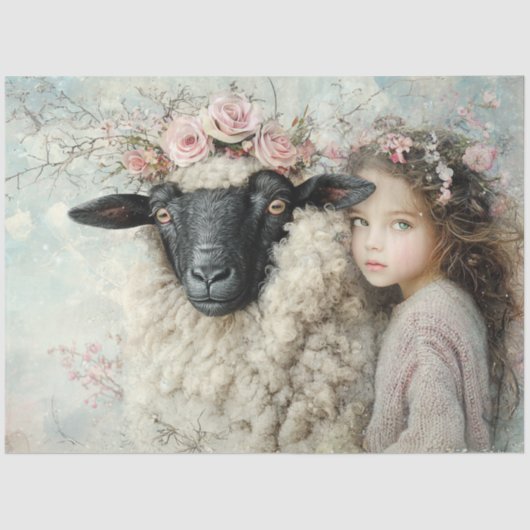 Decoupage Portrait of Sheep & Girl Pastoral Design Tissuepapier (Voorkant)