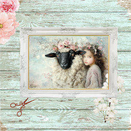 Decoupage Portrait of Sheep & Girl Pastoral Design Tissuepapier