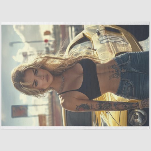 Decoupage Poster van Blonde Chic & Her Muscle Car Tissuepapier (Voorkant)