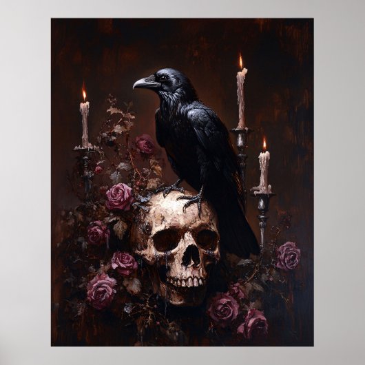 Decoupage Raven on Skull with Candles Poster (Voorkant)