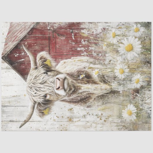 Decoupage Red Barn Highland Koe Bloemenveld Tissuepapier (Voorkant)
