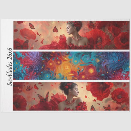 Decoupage Red Poppy Butterfly Woman Cosmic Handsaw Tissuepapier (Voorkant)