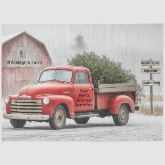 Decoupage Red Truck & Barn Farm Winter Scene Tissuepapier (Voorkant)