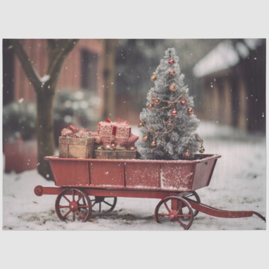 Decoupage  Red Wagon Sneeuwscène Tissuepapier (Voorkant)