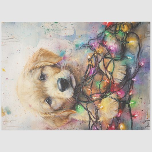 Decoupage Retriever Puppy Gewikkeld Kerstlicht Tissuepapier (Voorkant)
