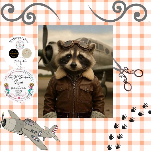Decoupage Retro Aviation Racoon Leather Jacket  Tissuepapier