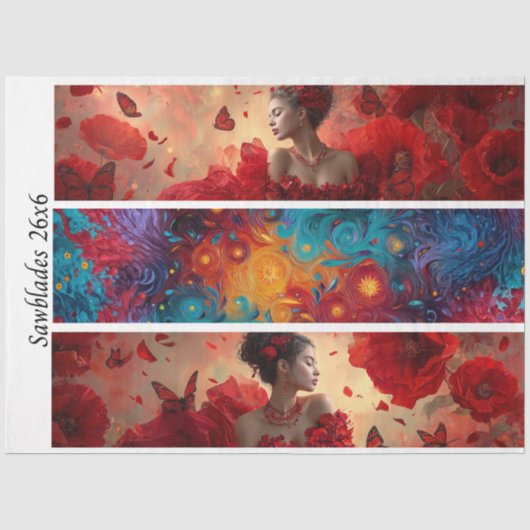 Decoupage Rode Klaproos Vlinder Vrouw Kosmische Ha Tissuepapier (Voorkant)
