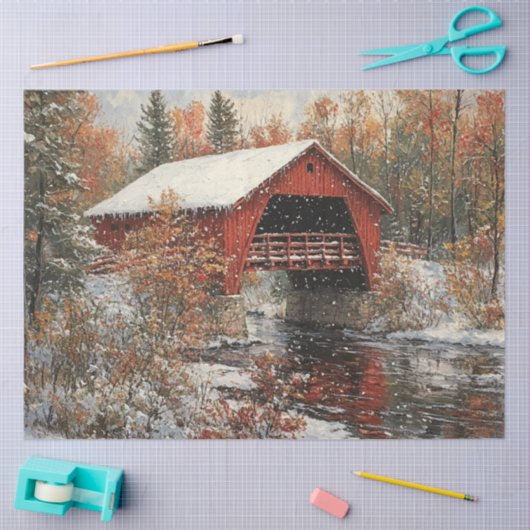Decoupage Rode Overdekte Brug Winter Scene Tissuepapier (Craft)