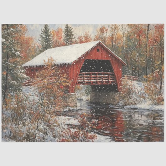 Decoupage Rode Overdekte Brug Winter Scene Tissuepapier (Voorkant)