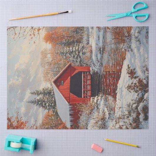 Decoupage Rode Overdekte Brug Winter Scene Tissuepapier (Craft)