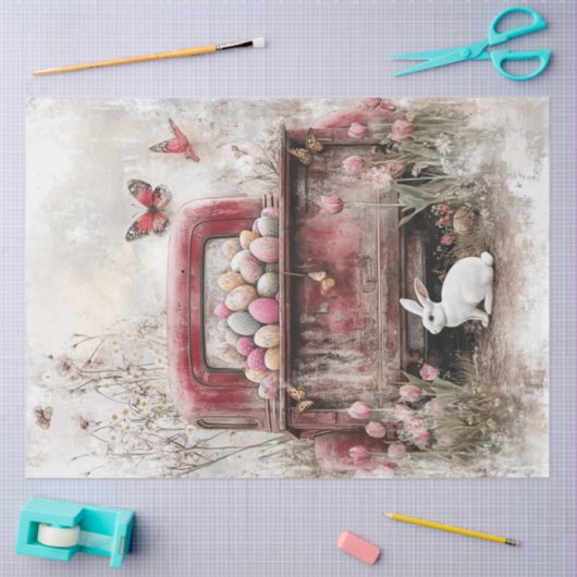 Decoupage  Rode Vrachtwagen Paashaas & Eieren Tissuepapier (Craft)