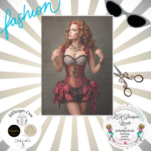 Decoupage  roodharige vrouw rood korset tissuepapier