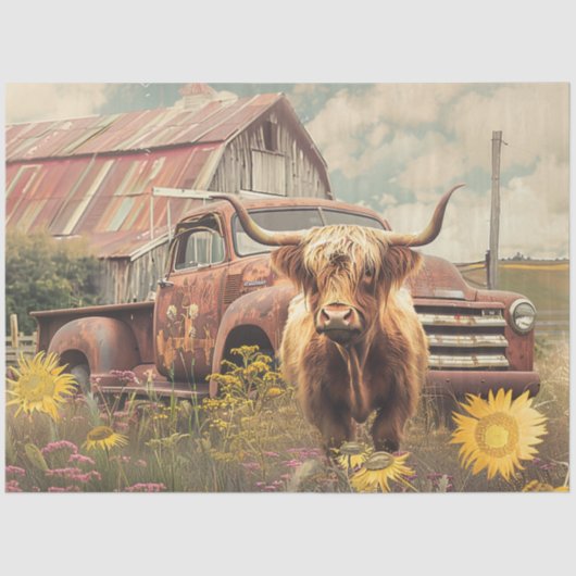 Decoupage Rustic Red Truck, Schuur & Hoogland Koe Tissuepapier (Voorkant)