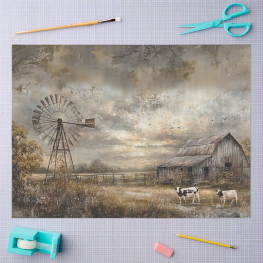 Decoupage rustieke landelijke scène schuur windmol tissuepapier (Craft)