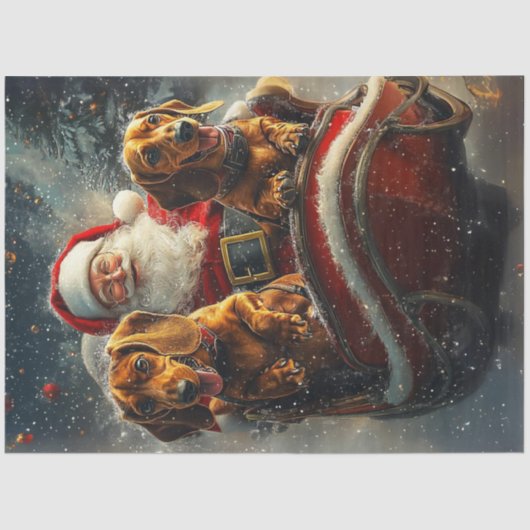Decoupage Santa en 2 teckels in Sleigh Snowing Tissuepapier (Voorkant)