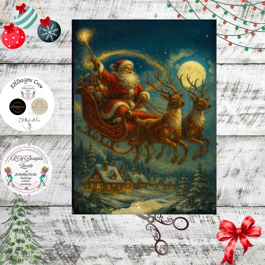 Decoupage Santa & Reindeer Sleighing in Night Sky  Tissuepapier