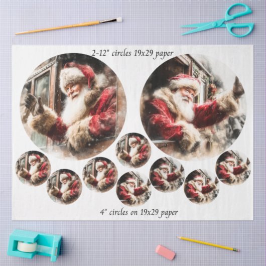 Decoupage Santa Waving From Train 12 & 4" Circles Tissuepapier (Craft)