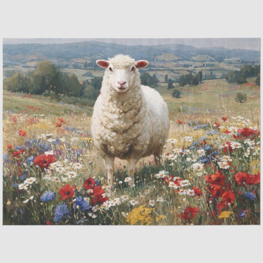 Decoupage Schapen Rood Wit Blauw Bloemen Tissuepapier (Voorkant)
